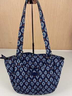 Vera Bradley Quilted Cotton Shoulder Bag Navy Blue Medallion Print Multi Pocket